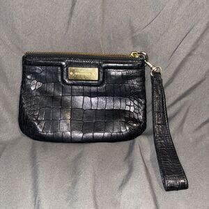 Brahmin Black Leather Wristlet Zip Classic Designer Clutch Coin Purse Wallet